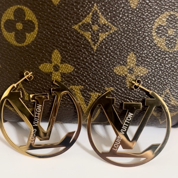 Gold Initial LV Hoop Earrings 1.77in close 2inch - Picture 2 of 3